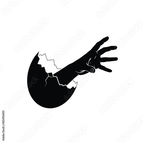 Hand emerging from cracked eggshell silhouette vector illusration
