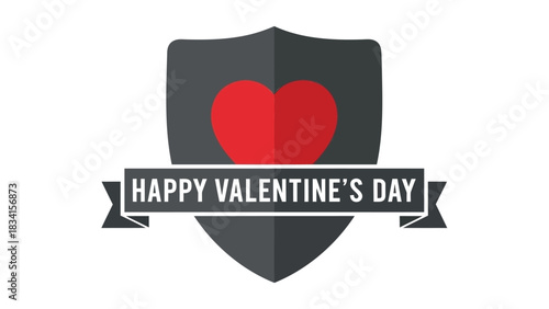 Modern shield emblem with red heart and happy valentine s day banner graphic design
