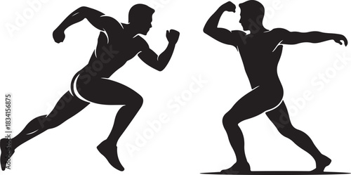 Two athletic male figures in silhouette one running one posing silhouette