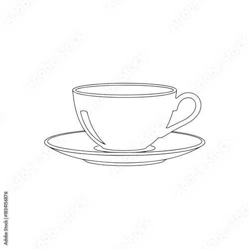 Coffee cup and saucer outline isolated on transparent background