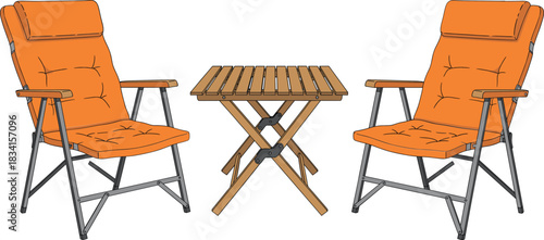 Outdoor folding chairs with wooden table vector illustration set for patio camping garden furniture and relaxation