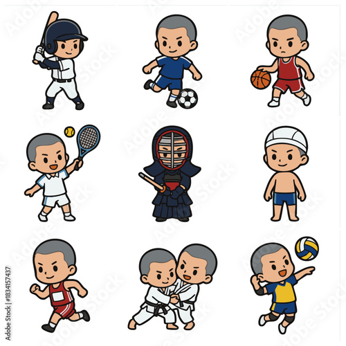 Young boy athlete playing various sports icon set illustration