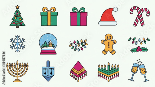 A festive collection of holiday icons including christmas tree gifts santa hat candy canes snowflake snow globe string lights gingerbread man holly menorah dreidel festive scarf and champagne glasses