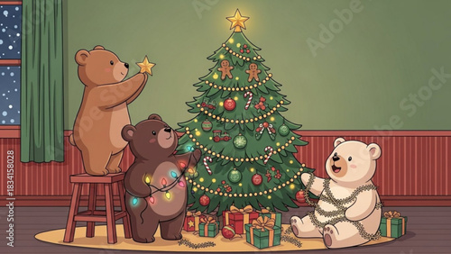 Three adorable cartoon bears joyfully decorate a festive christmas tree with lights ornaments and presents creating a cozy holiday scene indoors