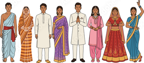 Diverse Indian people set, male and female figures wearing traditional clothing like saree, kurta, dhoti, performing Namaste, detailed vector illustration for cultural, travel, and religious design.