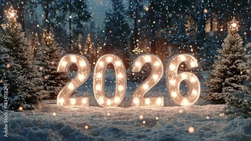 Giant glowing 2026 digits in a serene snow covered forest at night, framed by illuminated christmas trees and falling snowflakes, evoking festive magic and new year hope