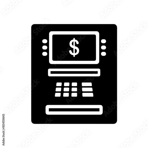 Modern flat design vector illustration of an atm machine with dollar sign symbol on screen, minimalist style for finance, banking, and e-commerce concepts