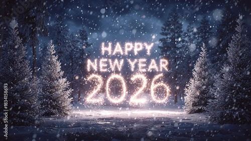 Happy new year 2026 glittering text forming from sparkling particles in a dark, snowy winter forest landscape at night, with falling snow creating a festive atmosphere