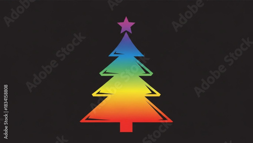 A stylized christmas tree silhouette filled with a vibrant rainbow gradient and topped with a star set against a dark background symbolizing festive cheer and inclusivity
