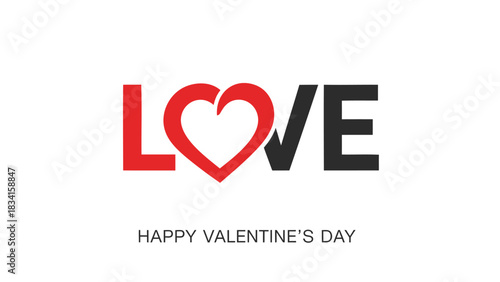 Modern typography design featuring the word love with a red heart symbol and happy valentines day text