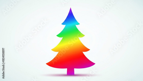 A vibrant rainbow gradient christmas tree silhouette stands out against a clean white background casting a subtle shadow below