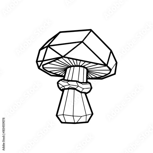 Geometric vector illustration of a polyhedral mushroom with hexagonal cap and crystalline stem - minimalist line art design