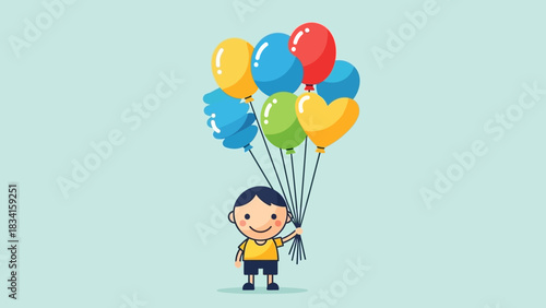 A joyful cartoon boy holding a vibrant bunch of colorful balloons, a whimsical illustration of childhood happiness and celebration