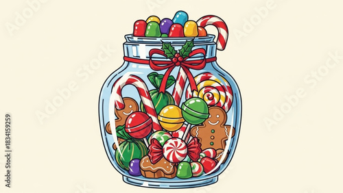 A festive glass jar overflowing with a colorful assortment of christmas candies including gingerbread men candy canes lollipops and wrapped sweets tied with a red ribbon and holly garnish