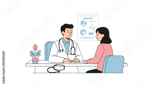 Doctor discussing patient health in a medical examination room, professional healthcare consultation