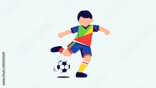 Illustration of a young boy playing soccer, kicking a ball with focus and determination