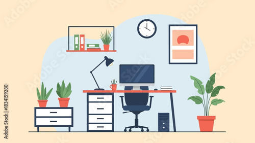 Modern home office interior design with a computer on a desk, comfortable chair, and houseplants. Flat vector illustration of a creative remote workspace