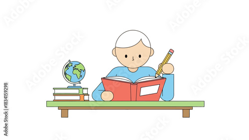 An illustration of a diligent student sitting at a desk, deeply engaged in learning from a book with a globe nearby representing world knowledge