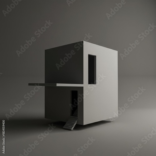 A stark, impossible architectural structure floating in an infinite, muted void, representing existential emptiness, dreamlike states, and abstract isolation ,simple ,unknown ,existential