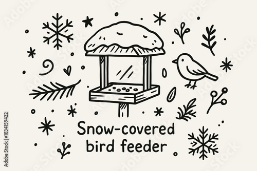 Snowy Bird Feeder Art. Snow-covered bird feeder. Hand-drawn doodle illustration of Snow-covered bird feeder.