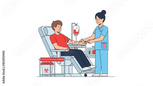 A young man donates blood at a medical center with a nurse's assistance. Flat vector illustration for healthcare and charity campaigns