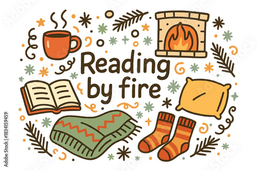 Cozy Firelight Reading. Reading by fire. Hand-drawn doodle illustration of Reading by fire. open book, cozy