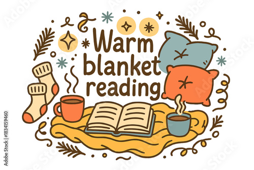 Cozy Blanket Reading. Warm blanket reading. Hand-drawn doodle illustration of Warm blanket reading. open book,