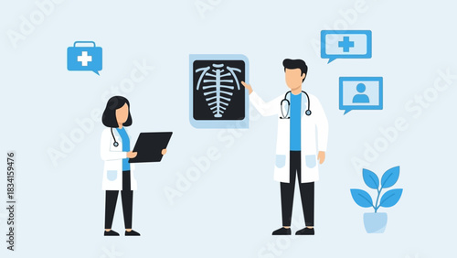 Medical professionals collaboratively discussing an X-ray image for patient diagnosis in a modern healthcare environment, emphasizing teamwork and expert analysis
