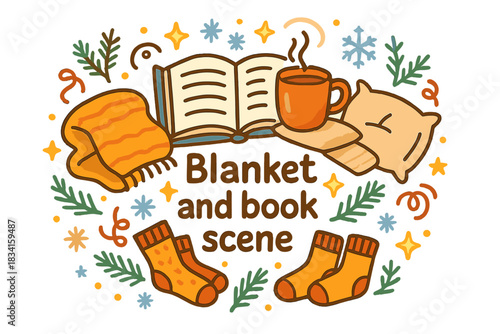 Cozy Reading Nook. Blanket and book scene. Hand-drawn doodle illustration of Blanket and book scene. open book