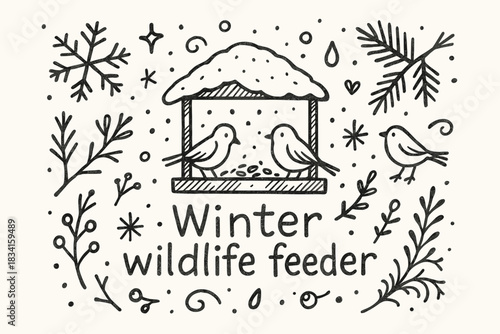 Winter Wildlife Feeder. Winter wildlife feeder. Hand-drawn doodle illustration of Winter wildlife feeder.