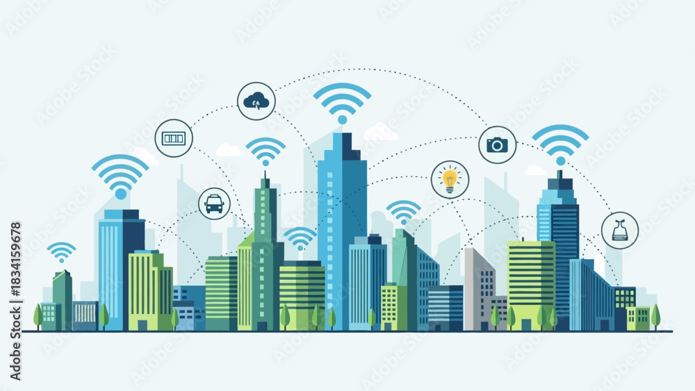 Fototapeta premium Modern urban landscape illustrating a connected smart city infrastructure with advanced digital technology integration and seamless network communication across buildings