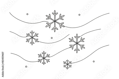 Snowflake Simplicity. Winter snowfall macro. Minimalistic one-line drawing close-up snowflakes slowly floating