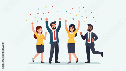 Celebrating success, a diverse group of colleagues rejoices with arms raised and confetti falling