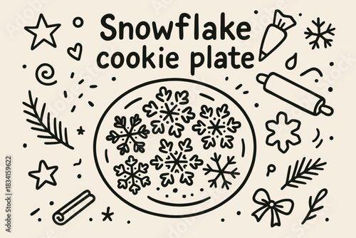 Snowflake Cookie Delight. Snowflake cookie plate. Hand-drawn doodle illustration of Snowflake cookie plate.