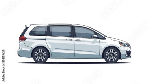 A contemporary white minivan seen from a side profile view, a detailed automobile illustration isolated on a white background