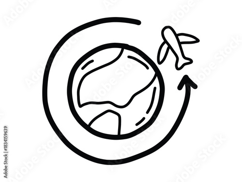 Globe with Airplane Clipart. Outline and Doodle Version