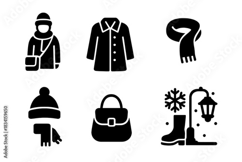 Urban Winter Icons. Urban winter fashion shoot. Filled icon set of Urban winter fashion shoot: person, coat,