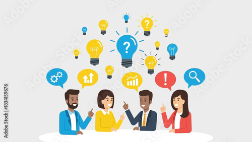 Brainstorming session with diverse team members sharing ideas and insights through innovative lightbulb concepts and communication bubbles