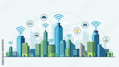 Modern urban landscape illustrating a connected smart city infrastructure with advanced digital technology integration and seamless network communication across buildings