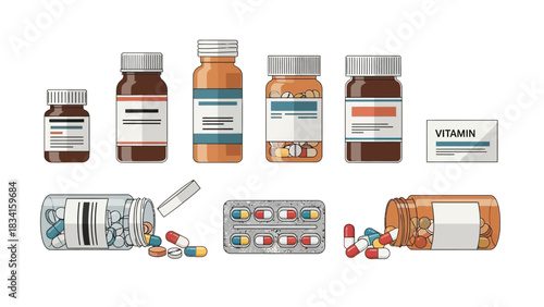 Diverse collection of medications and health supplements, showcasing various pill bottles, capsule containers, and vitamin packs for medical and wellness applications