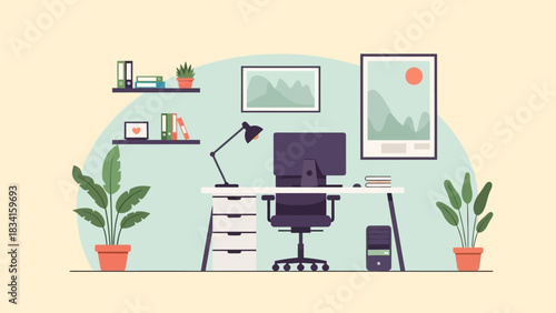 Workspace Home office interior with desk, computer, plants, and decor - Whisk_d81f7c2c910ff87aaeb4d8c55cee777cdr