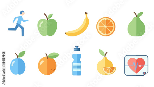 Vibrant collection of flat design icons illustrating essential elements for a balanced and active lifestyle, promoting overall health and fitness through nutrition, exercise, and hydration