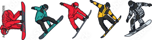 Dynamic extreme winter sports snowboarding collection, vibrant male athletes performing acrobatic freestyle tricks on snowboards, vector illustration set isolated on white for winter season design, 