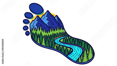 Footprint with mountain forest river landscape