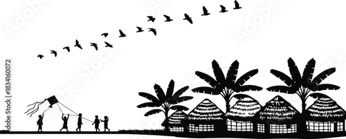 This vector illustration features a peaceful village scenery silhouette, including rural houses, trees, fields, farmers, domestic animals, and traditional village elements.