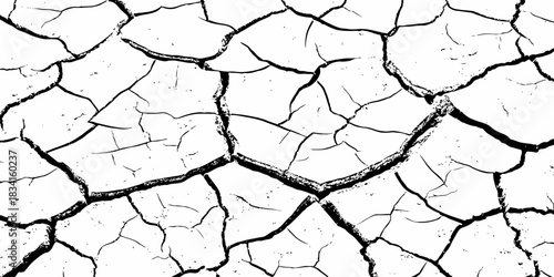 High-contrast cracked earth texture with bold black fracture lines on a clean white background, ideal for abstract backgrounds, design overlays, and minimalist graphic projects. Perfect for stock use.