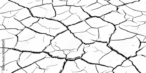 High-contrast cracked earth texture with bold black fracture lines on a clean white background, ideal for abstract backgrounds, design overlays, and minimalist graphic projects. Perfect for stock use.