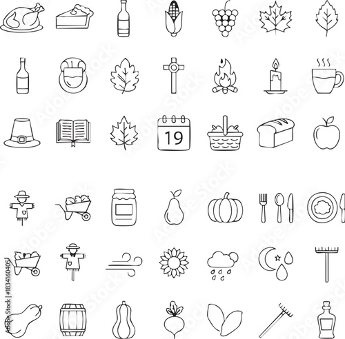 Collection of hand drawn vintage style icons isolated on transparent background silhouette