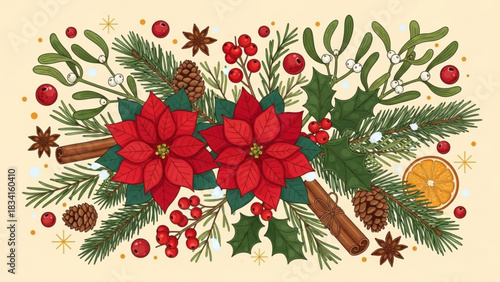 A beautiful festive christmas border illustration featuring red poinsettias pine branches holly mistletoe cranberries pinecones cinnamon sticks star anise and a dried orange slice