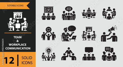 12 Team and Workplace Communication Icons solid icon set Workplace Team Collaboration Communication Solid Icons Set